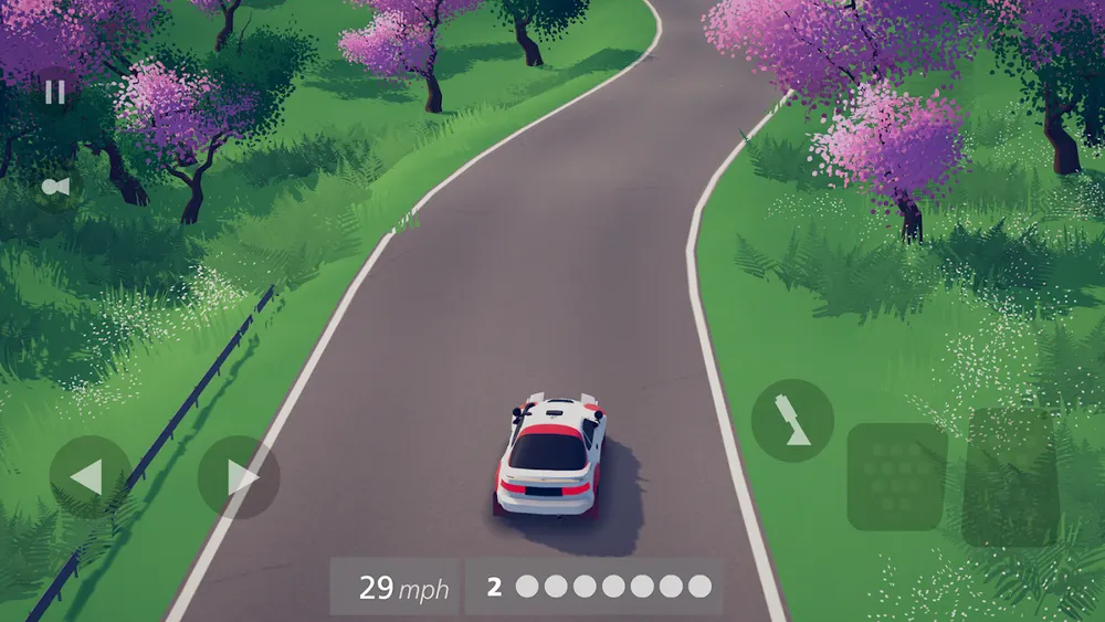 In-game screenshot from art of rally, a low-poly rally car mid-stage, via Google Play.